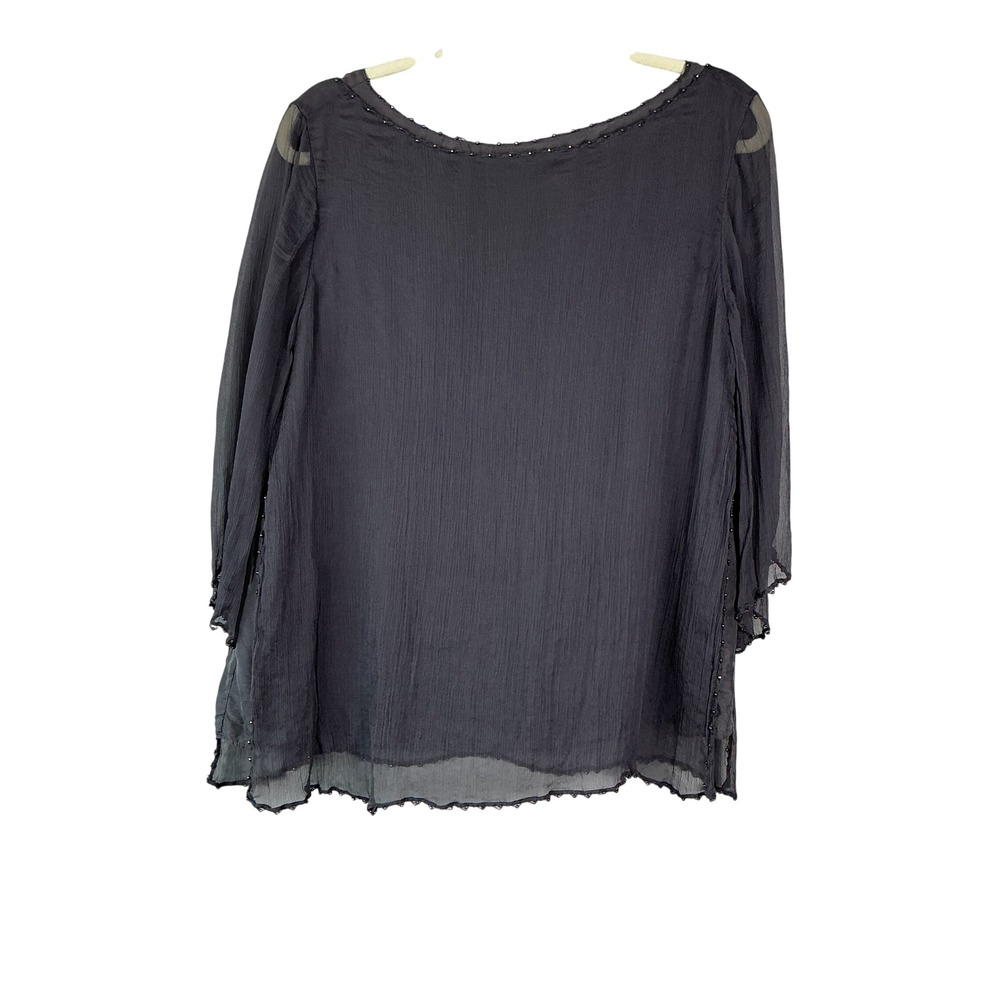Silk Crinkle Chiffon Beaded Scoop Back Blouse Charcoal Grey Evening Top